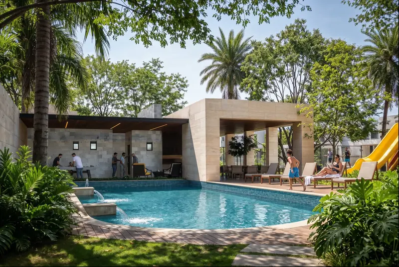 Alberca y casa club de Amara