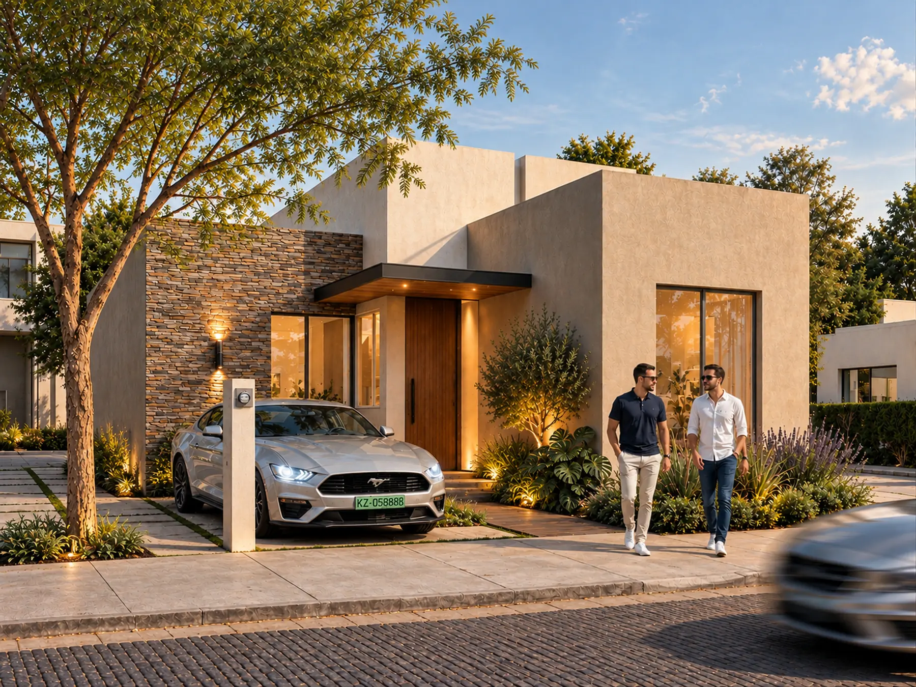 Fachada del modelo Ámbar de Amara Residencial al atardecer