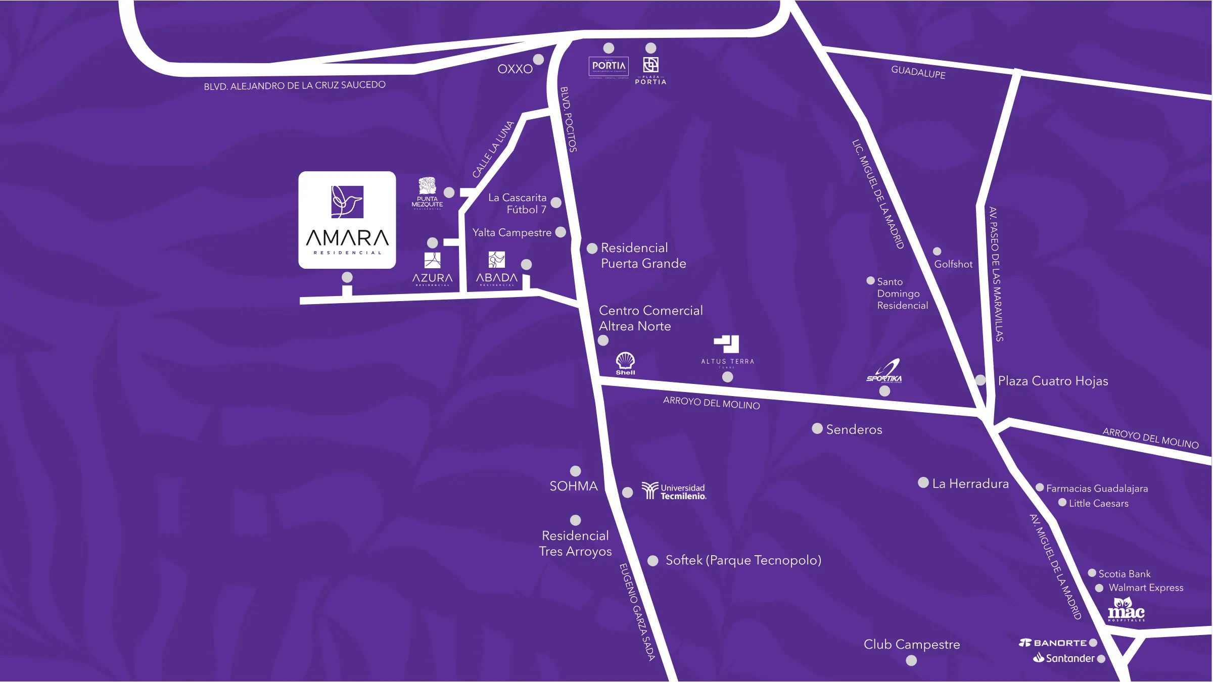 Mapa ilustrado de la zona de Amara con vialidades y puntos de interés cercanos: Plaza Portia, Altrea Norte, Tecmilenio, Softek, Club Campestre y Plaza Cuatro Hojas